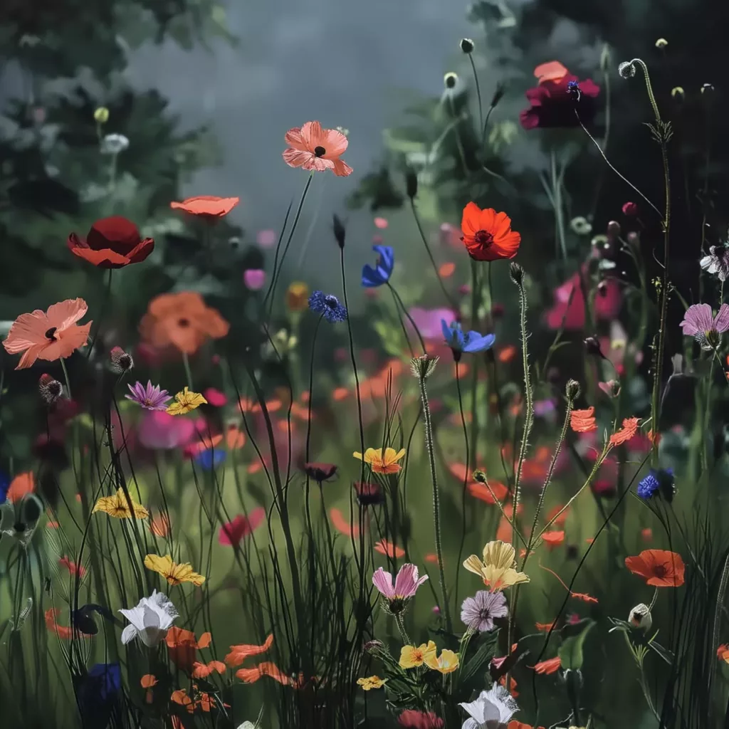 Colourful wildflowers and poppies among tall green stems.