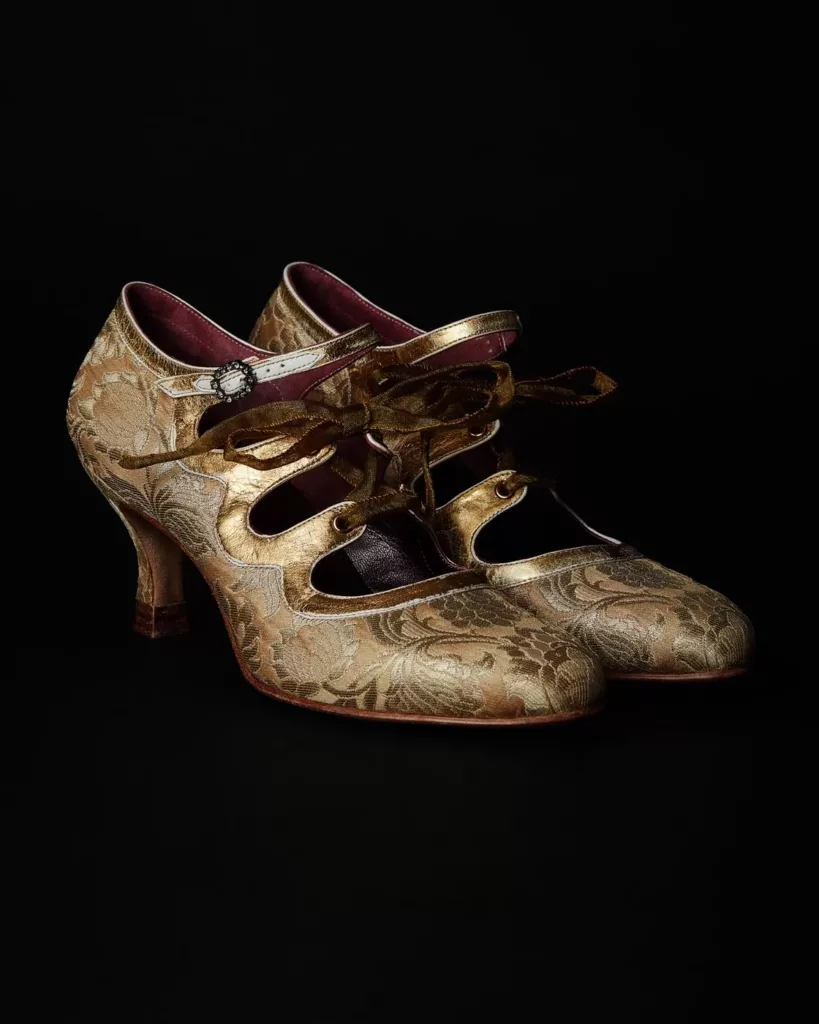 A pair of elegant, heeled shoes handcrafted in Indian gold silk brocade, featuring an ankle strap with Swarovski crystal buckles and ghillie lace panels with 22t gold applied. Louis heels with leather stacks. Lining is a rich burgundy kid.